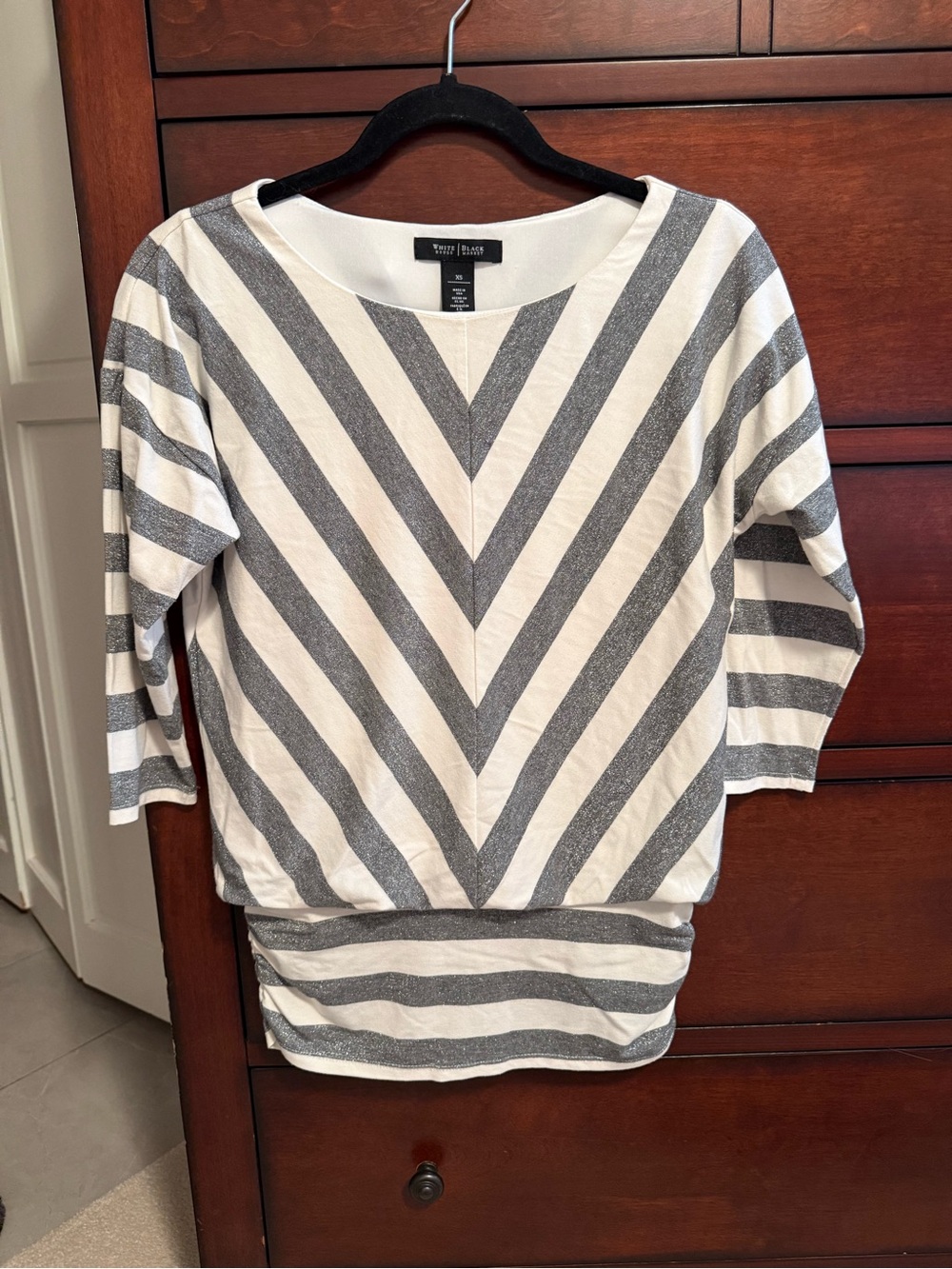 White House Black Market White and Gray Striped V-Chevron Tunic